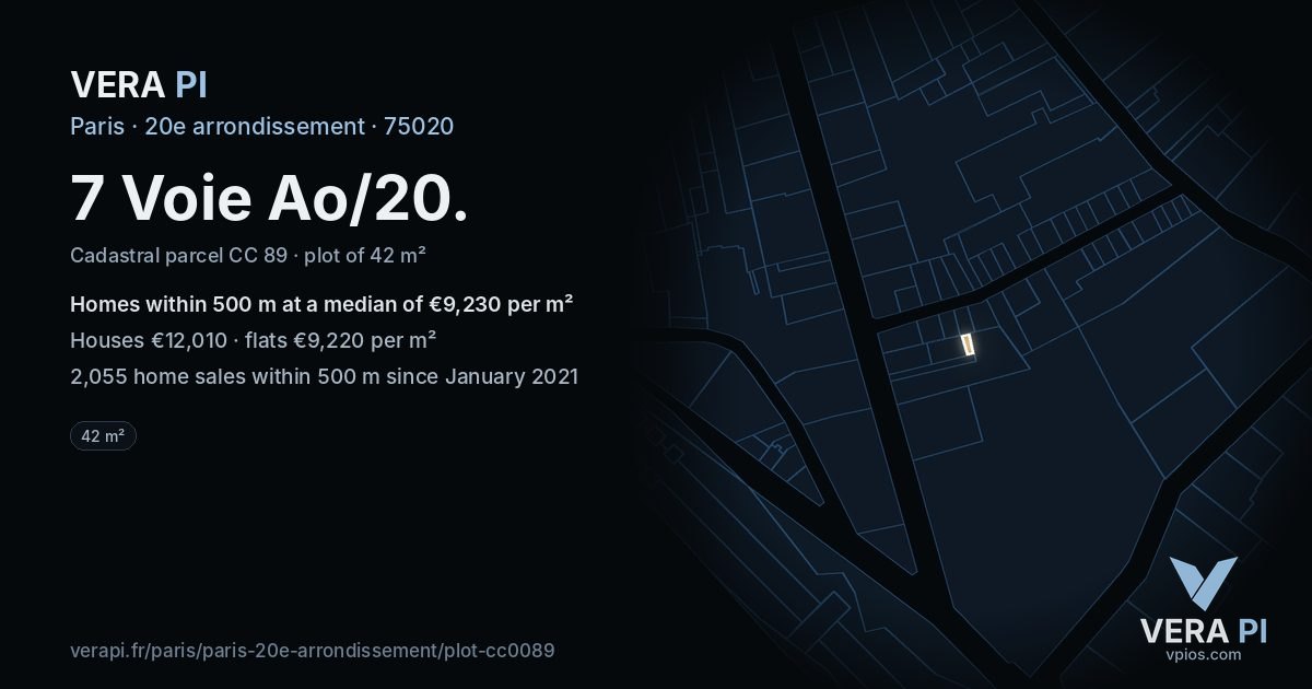 7 Voie Ao/20, 20e arrondissement at night – the plot lit, the parcels around coloured by the prices near them