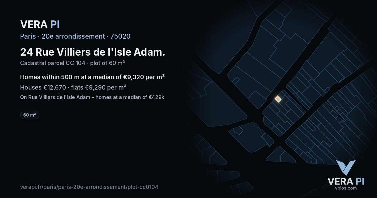 24 Rue Villiers de l'Isle Adam, 20e arrondissement at night – the plot lit, the parcels around coloured by the prices near them