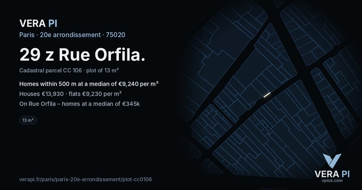 29 z Rue Orfila, 20e arrondissement at night – the plot lit, the parcels around coloured by the prices near them