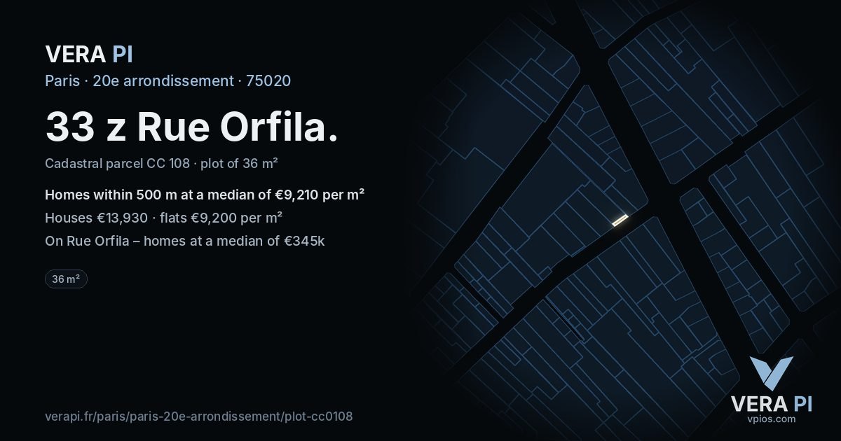 33 z Rue Orfila, 20e arrondissement at night – the plot lit, the parcels around coloured by the prices near them
