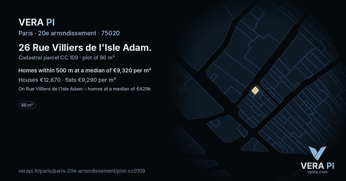 26 Rue Villiers de l'Isle Adam, 20e arrondissement at night – the plot lit, the parcels around coloured by the prices near them
