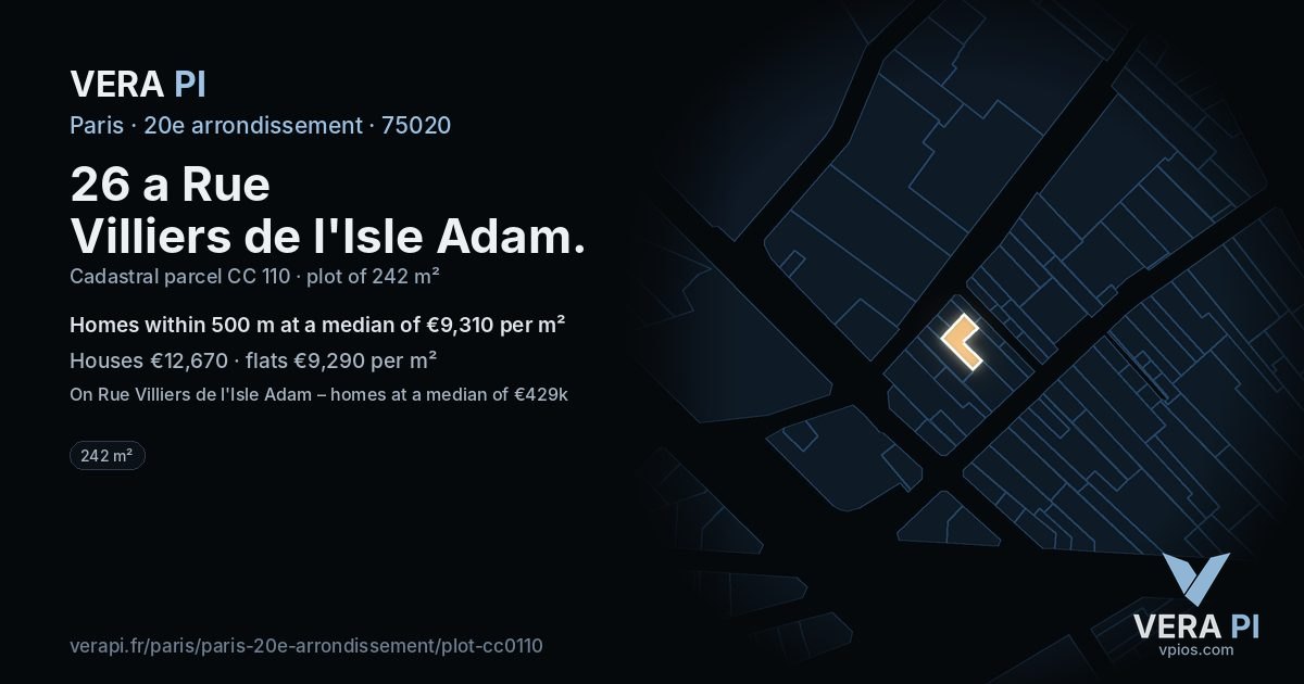 26 a Rue Villiers de l'Isle Adam, 20e arrondissement at night – the plot lit, the parcels around coloured by the prices near them
