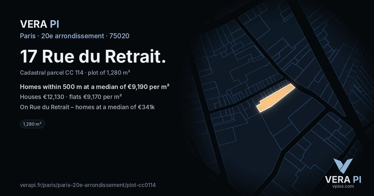 17 Rue du Retrait, 20e arrondissement at night – the plot lit, the parcels around coloured by the prices near them