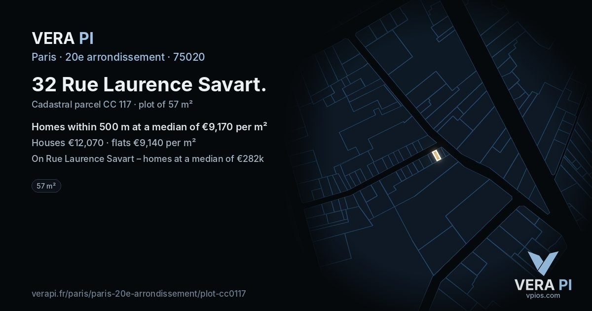 32 Rue Laurence Savart, 20e arrondissement at night – the plot lit, the parcels around coloured by the prices near them