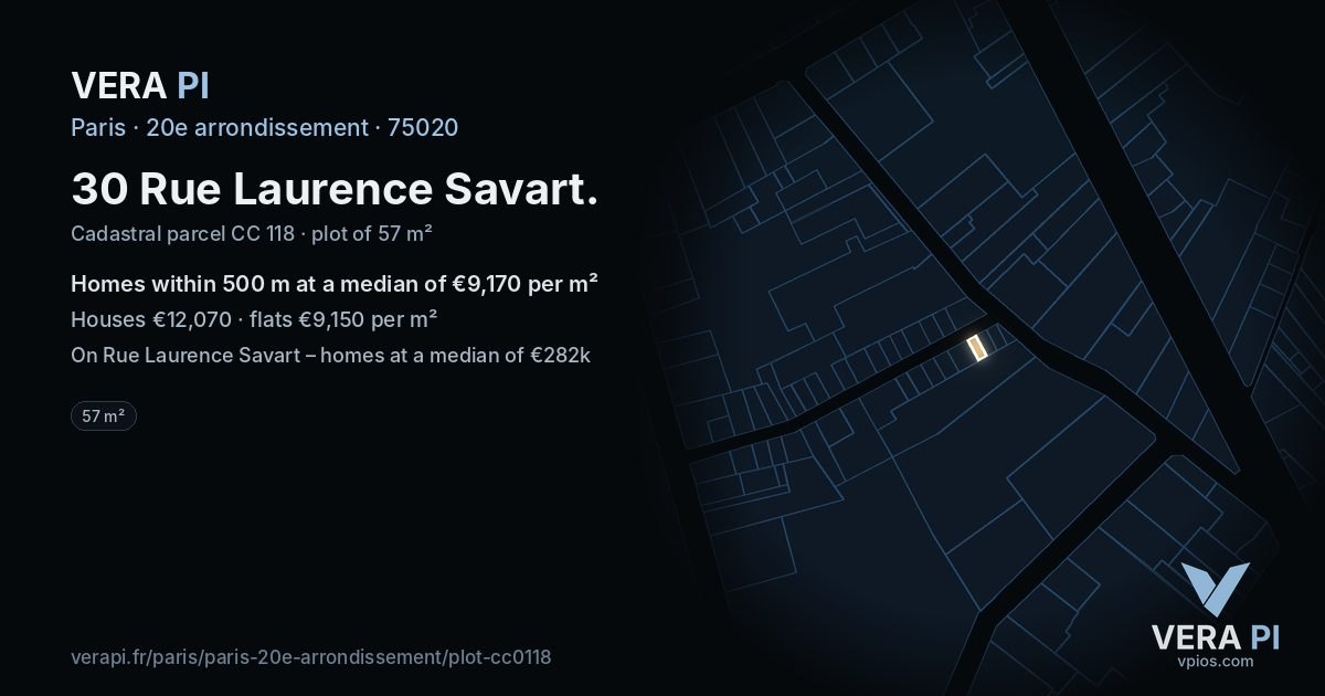 30 Rue Laurence Savart, 20e arrondissement at night – the plot lit, the parcels around coloured by the prices near them