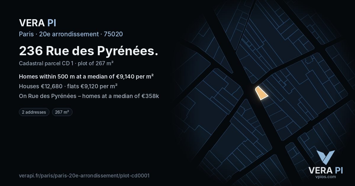 236 Rue des Pyrénées, 20e arrondissement at night – the plot lit, the parcels around coloured by the prices near them