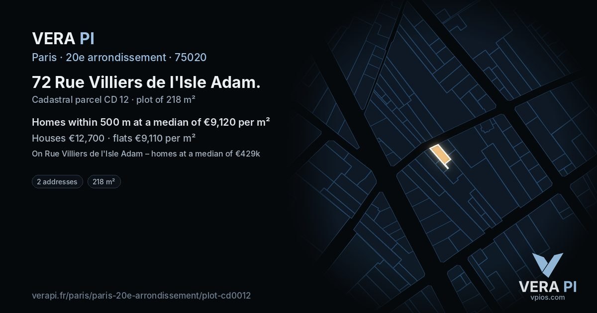 72 Rue Villiers de l'Isle Adam, 20e arrondissement at night – the plot lit, the parcels around coloured by the prices near them