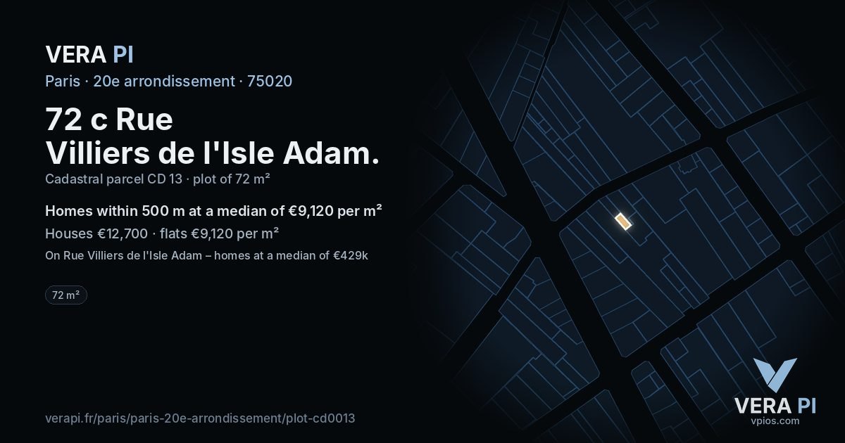 72 c Rue Villiers de l'Isle Adam, 20e arrondissement at night – the plot lit, the parcels around coloured by the prices near them