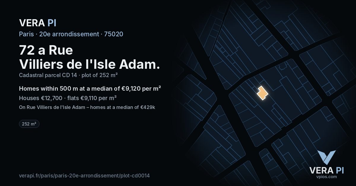 72 a Rue Villiers de l'Isle Adam, 20e arrondissement at night – the plot lit, the parcels around coloured by the prices near them
