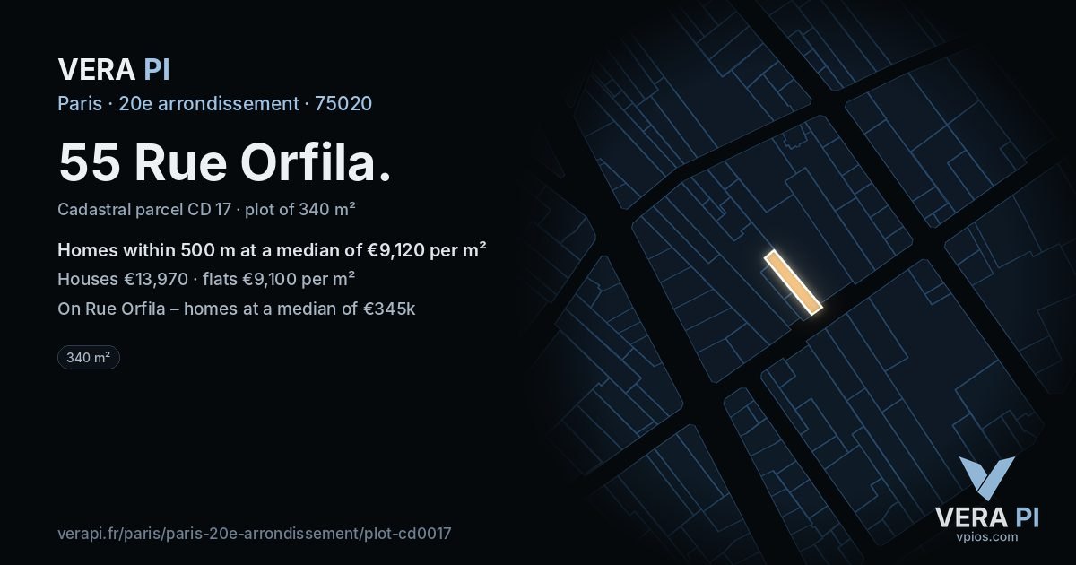 55 Rue Orfila, 20e arrondissement at night – the plot lit, the parcels around coloured by the prices near them