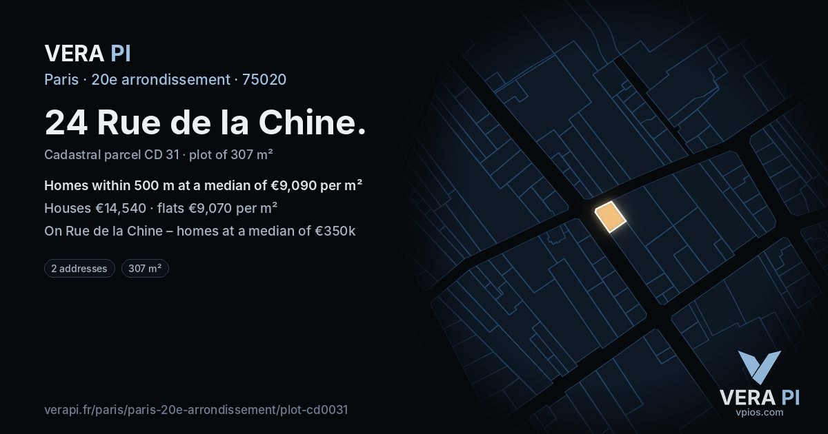 24 Rue de la Chine, 20e arrondissement at night – the plot lit, the parcels around coloured by the prices near them