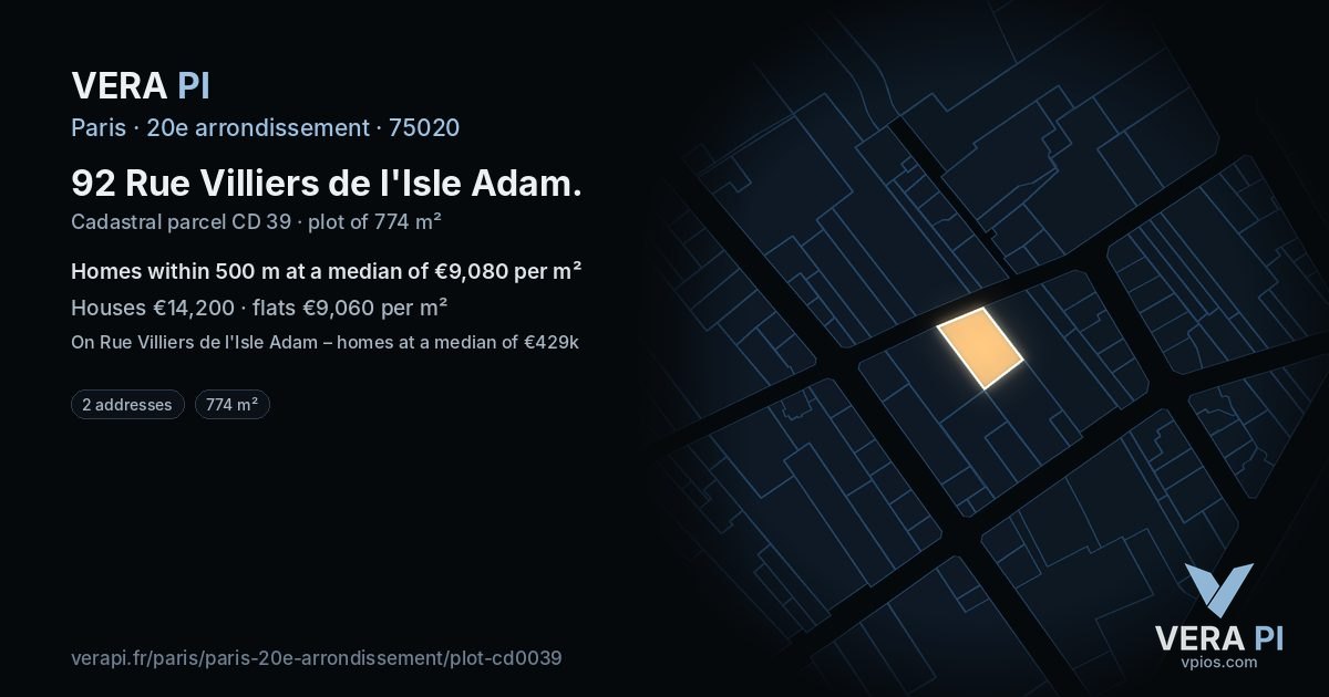 92 Rue Villiers de l'Isle Adam, 20e arrondissement at night – the plot lit, the parcels around coloured by the prices near them
