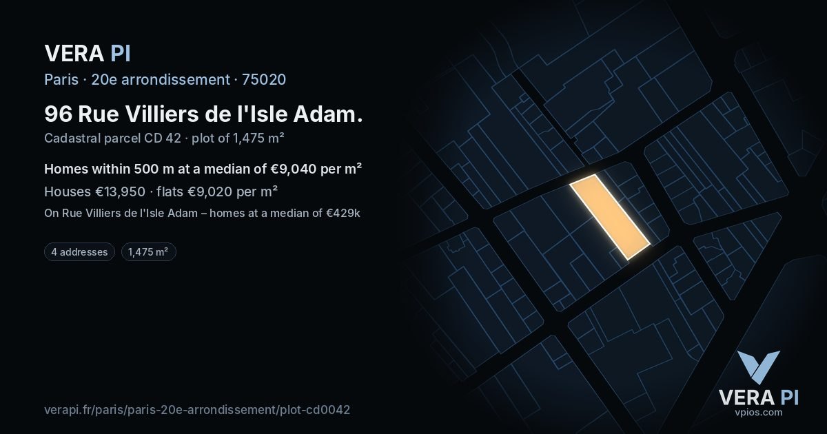 96 Rue Villiers de l'Isle Adam, 20e arrondissement at night – the plot lit, the parcels around coloured by the prices near them