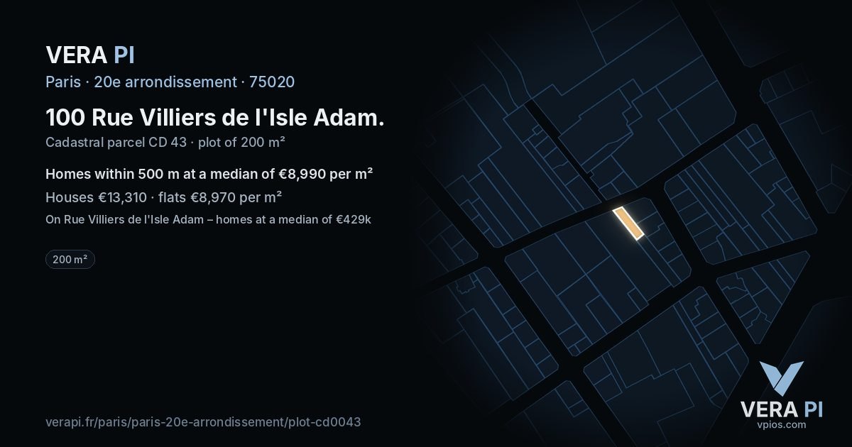 100 Rue Villiers de l'Isle Adam, 20e arrondissement at night – the plot lit, the parcels around coloured by the prices near them