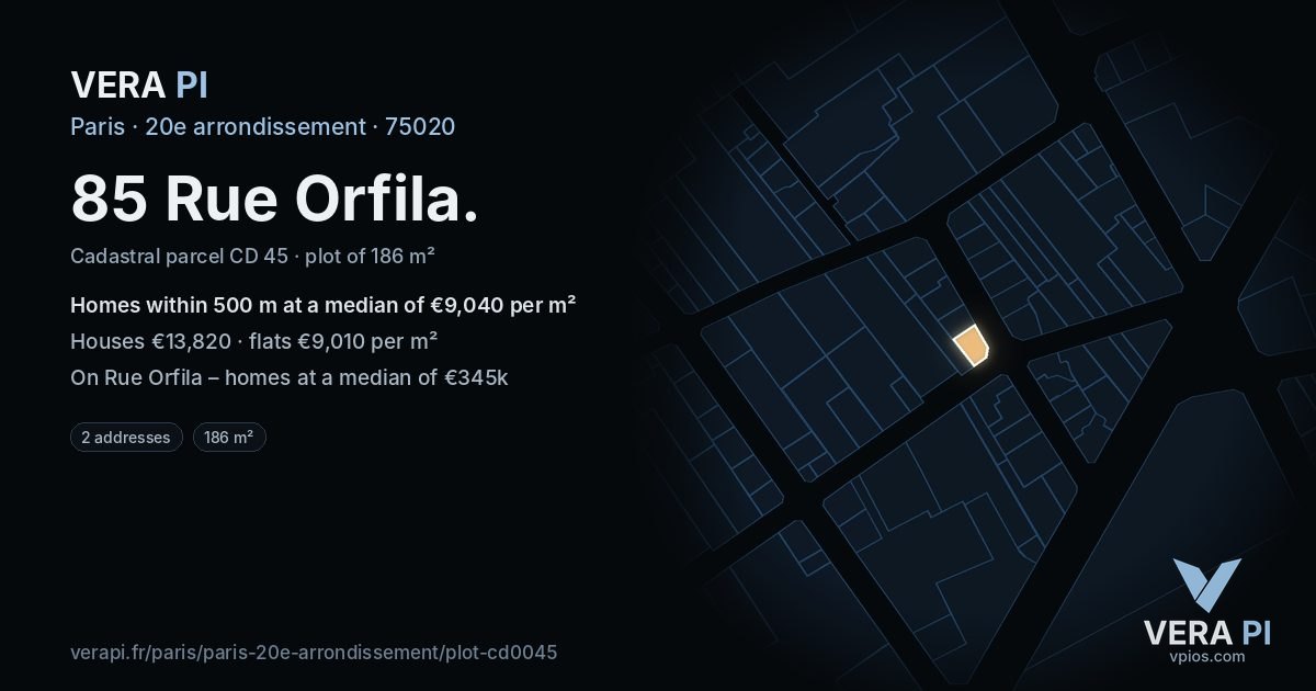 85 Rue Orfila, 20e arrondissement at night – the plot lit, the parcels around coloured by the prices near them