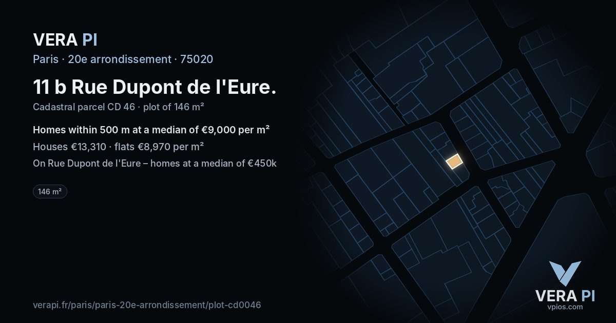 11 b Rue Dupont de l'Eure, 20e arrondissement at night – the plot lit, the parcels around coloured by the prices near them