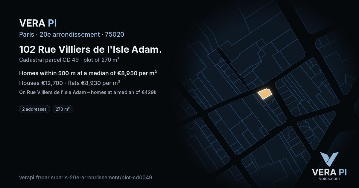 102 Rue Villiers de l'Isle Adam, 20e arrondissement at night – the plot lit, the parcels around coloured by the prices near them