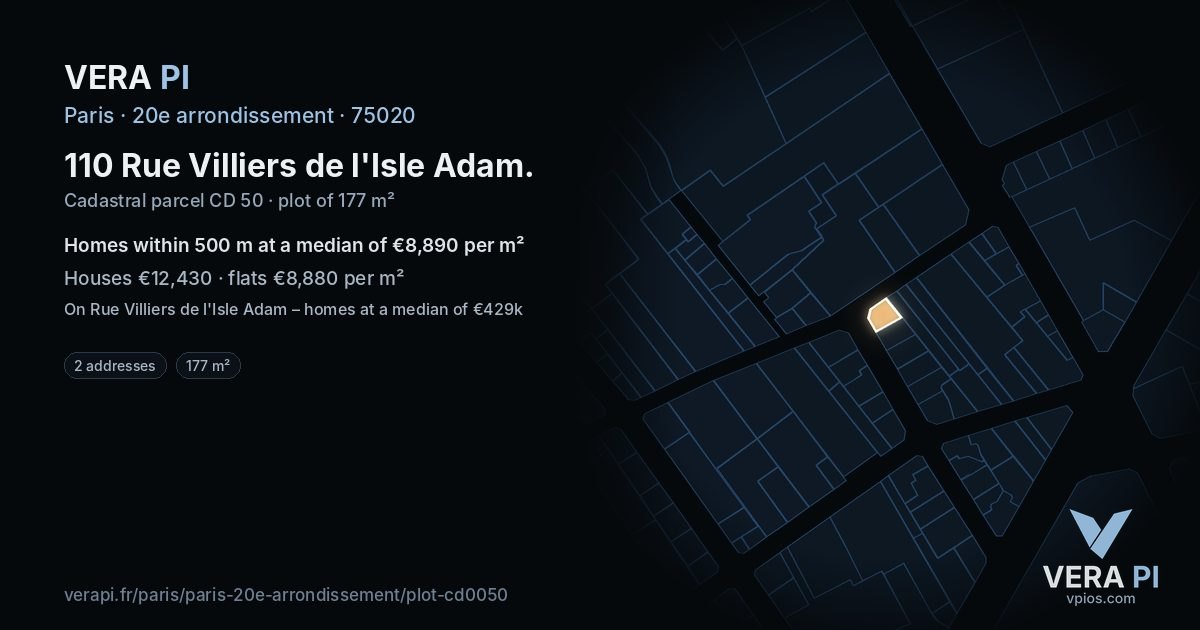 110 Rue Villiers de l'Isle Adam, 20e arrondissement at night – the plot lit, the parcels around coloured by the prices near them