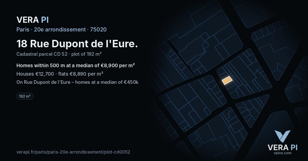 18 Rue Dupont de l'Eure, 20e arrondissement at night – the plot lit, the parcels around coloured by the prices near them