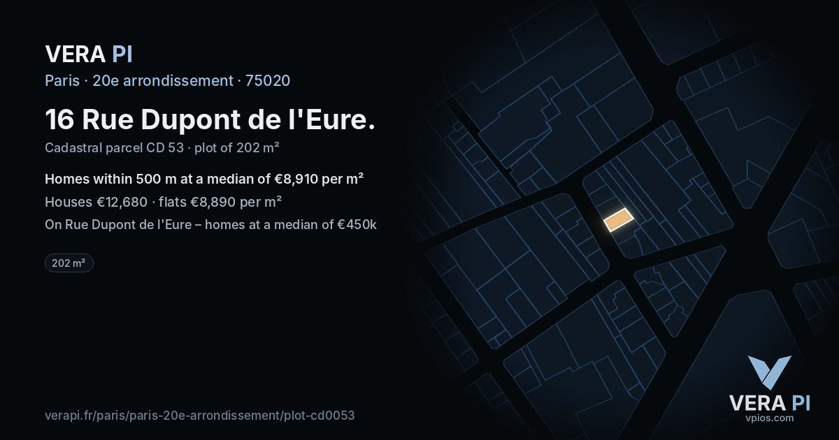 16 Rue Dupont de l'Eure, 20e arrondissement at night – the plot lit, the parcels around coloured by the prices near them