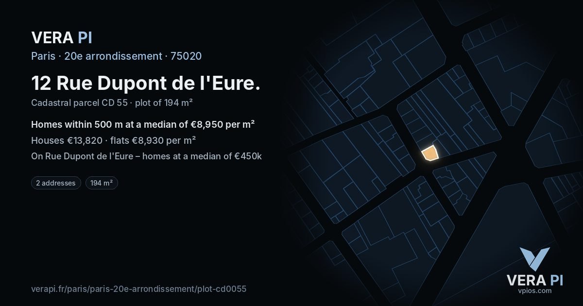 12 Rue Dupont de l'Eure, 20e arrondissement at night – the plot lit, the parcels around coloured by the prices near them
