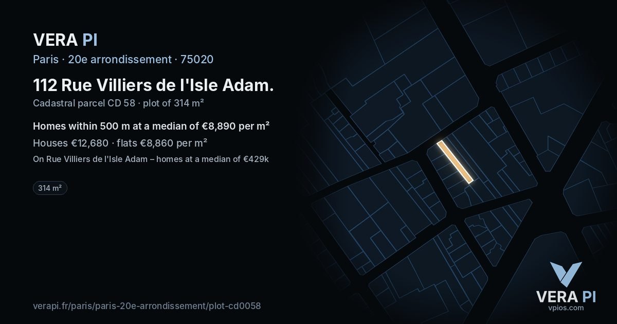 112 Rue Villiers de l'Isle Adam, 20e arrondissement at night – the plot lit, the parcels around coloured by the prices near them