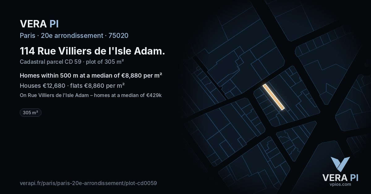 114 Rue Villiers de l'Isle Adam, 20e arrondissement at night – the plot lit, the parcels around coloured by the prices near them