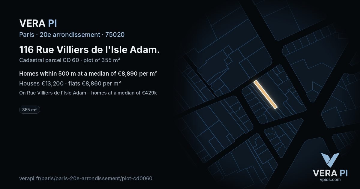 116 Rue Villiers de l'Isle Adam, 20e arrondissement at night – the plot lit, the parcels around coloured by the prices near them