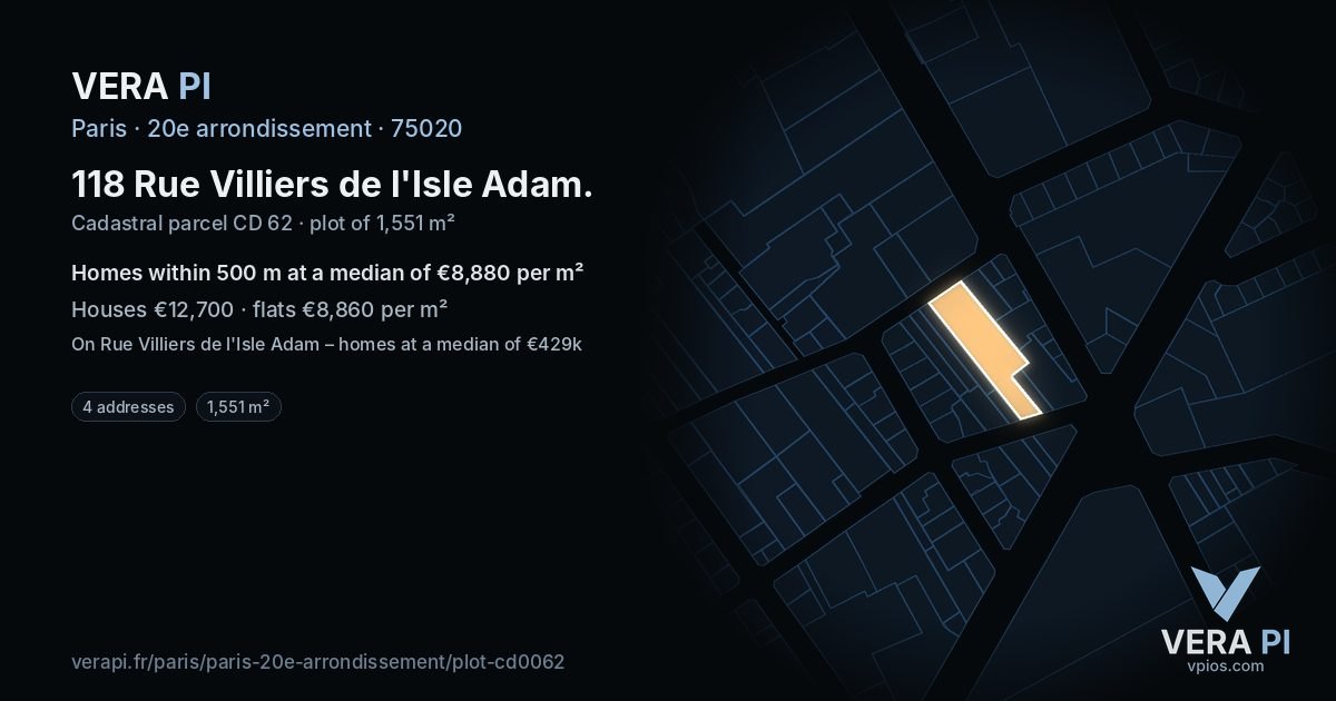 118 Rue Villiers de l'Isle Adam, 20e arrondissement at night – the plot lit, the parcels around coloured by the prices near them