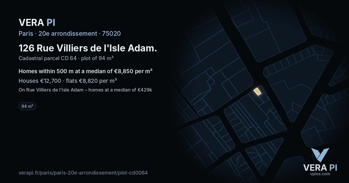 126 Rue Villiers de l'Isle Adam, 20e arrondissement at night – the plot lit, the parcels around coloured by the prices near them