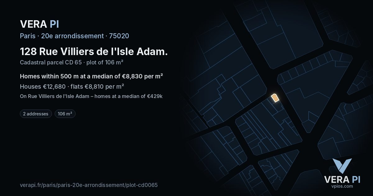 128 Rue Villiers de l'Isle Adam, 20e arrondissement at night – the plot lit, the parcels around coloured by the prices near them