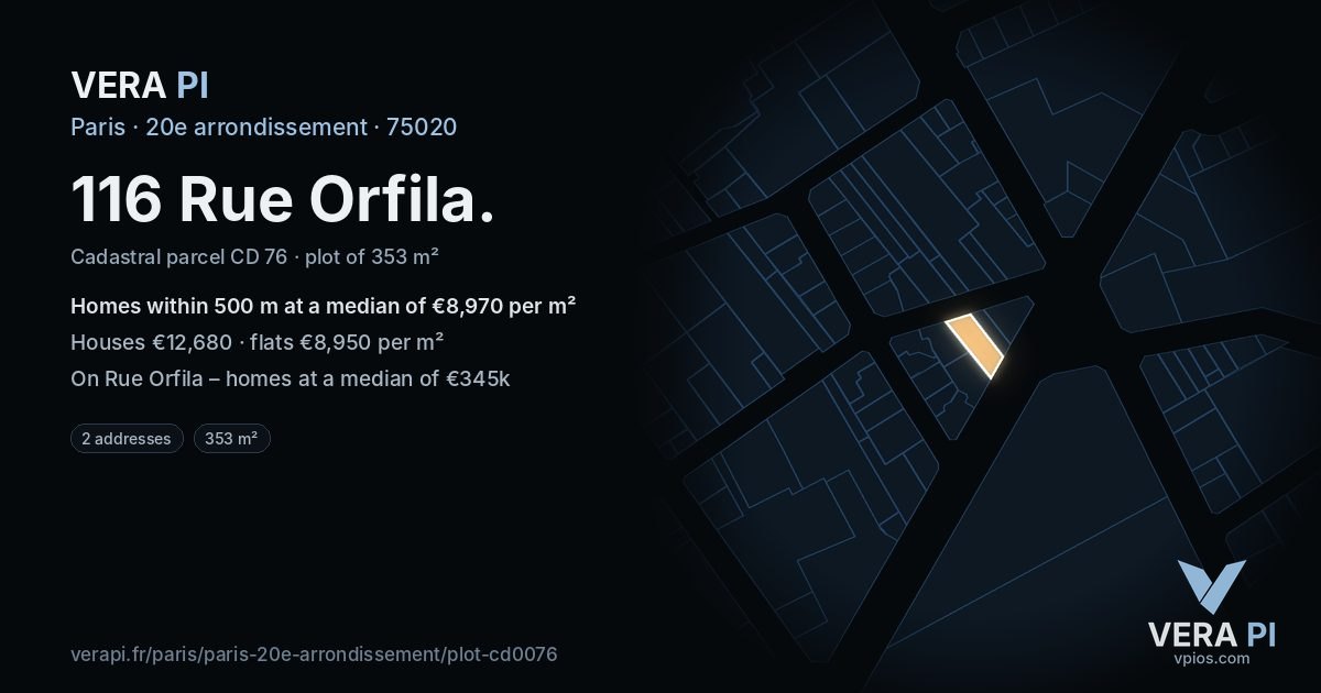 116 Rue Orfila, 20e arrondissement at night – the plot lit, the parcels around coloured by the prices near them