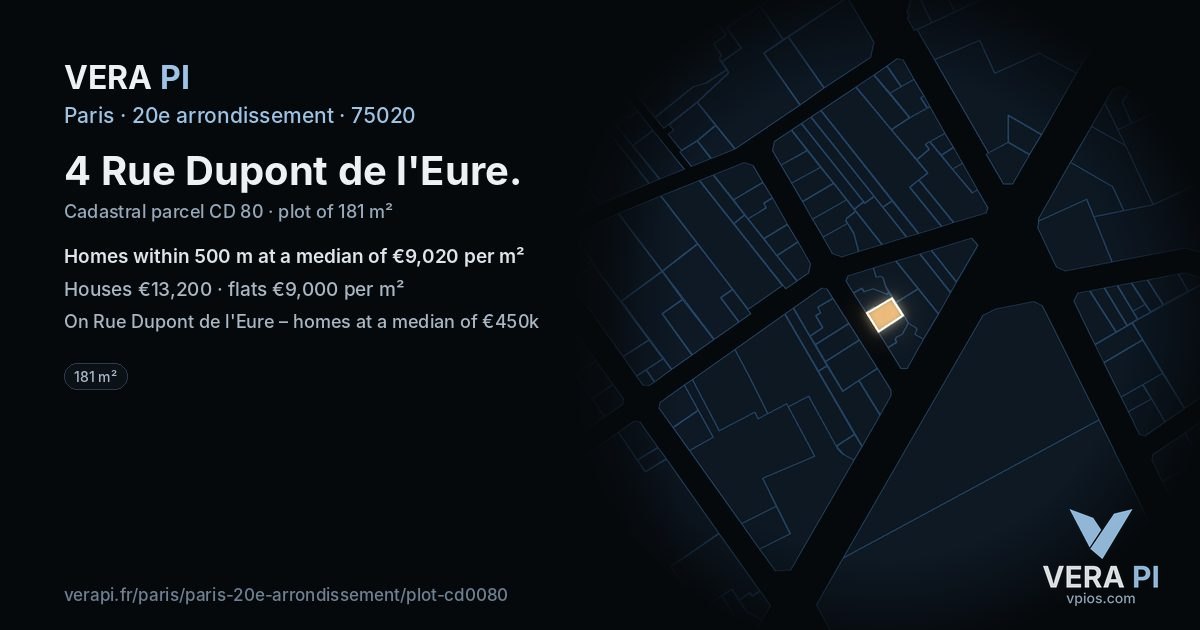 4 Rue Dupont de l'Eure, 20e arrondissement at night – the plot lit, the parcels around coloured by the prices near them