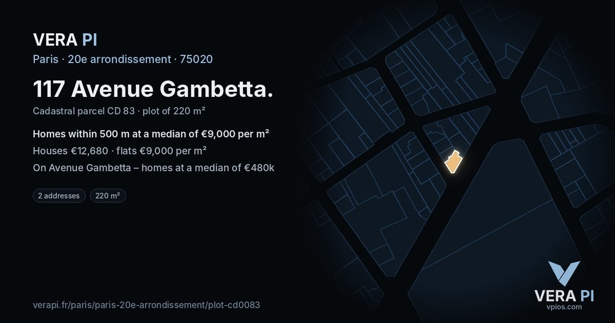 117 Avenue Gambetta, 20e arrondissement at night – the plot lit, the parcels around coloured by the prices near them