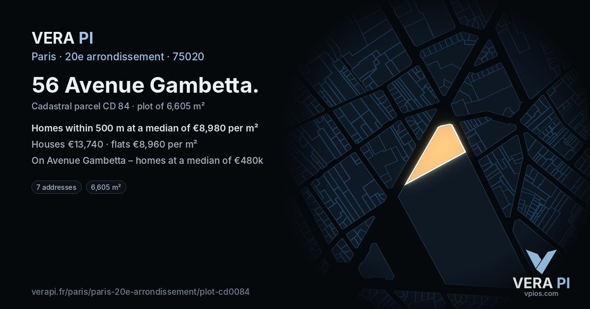 56 Avenue Gambetta, 20e arrondissement at night – the plot lit, the parcels around coloured by the prices near them