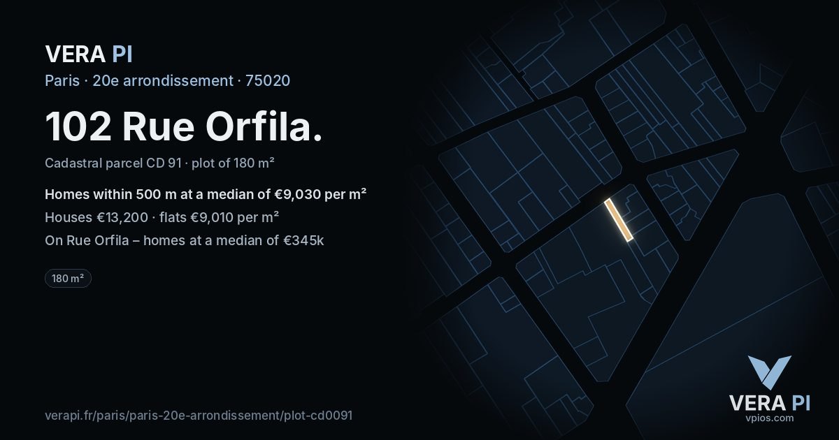 102 Rue Orfila, 20e arrondissement at night – the plot lit, the parcels around coloured by the prices near them