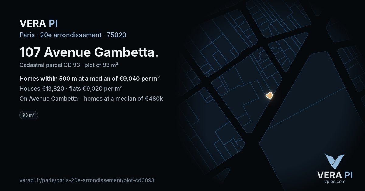 107 Avenue Gambetta, 20e arrondissement at night – the plot lit, the parcels around coloured by the prices near them