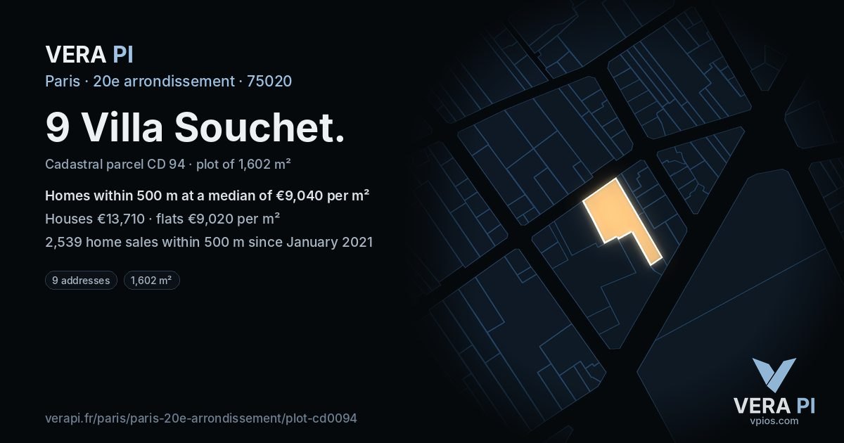 9 Villa Souchet, 20e arrondissement at night – the plot lit, the parcels around coloured by the prices near them