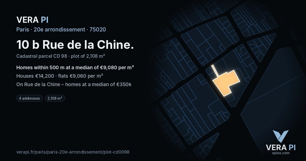 10 b Rue de la Chine, 20e arrondissement at night – the plot lit, the parcels around coloured by the prices near them
