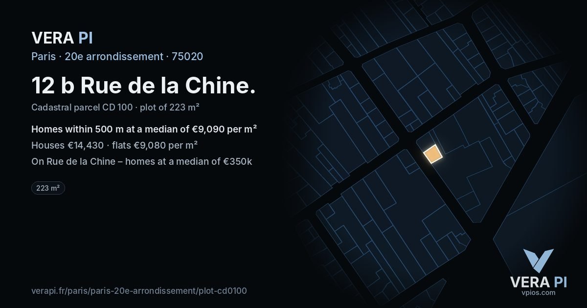 12 b Rue de la Chine, 20e arrondissement at night – the plot lit, the parcels around coloured by the prices near them