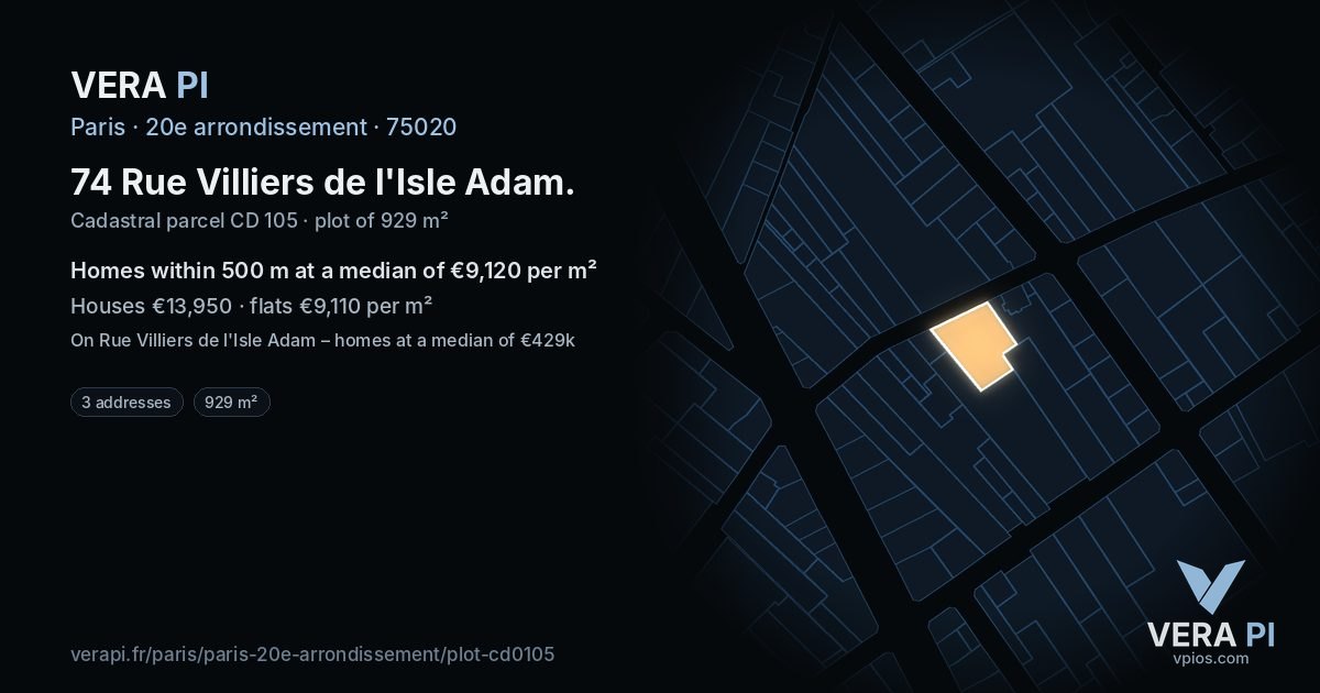 74 Rue Villiers de l'Isle Adam, 20e arrondissement at night – the plot lit, the parcels around coloured by the prices near them