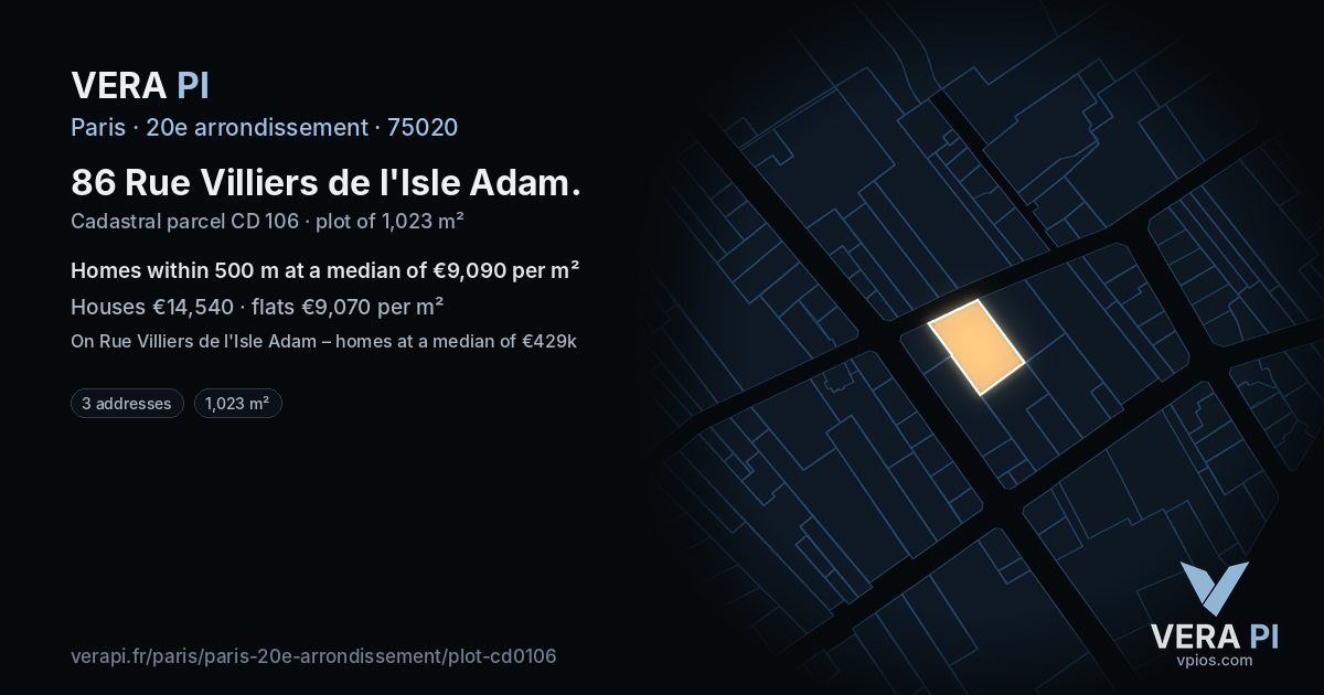 86 Rue Villiers de l'Isle Adam, 20e arrondissement at night – the plot lit, the parcels around coloured by the prices near them