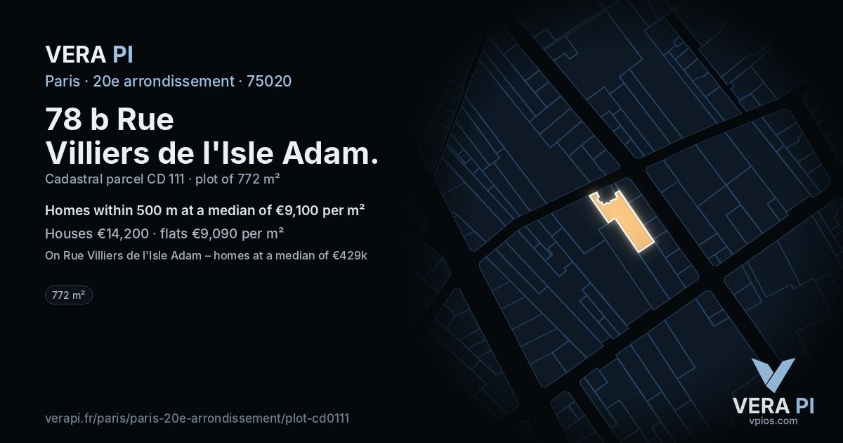 78 b Rue Villiers de l'Isle Adam, 20e arrondissement at night – the plot lit, the parcels around coloured by the prices near them