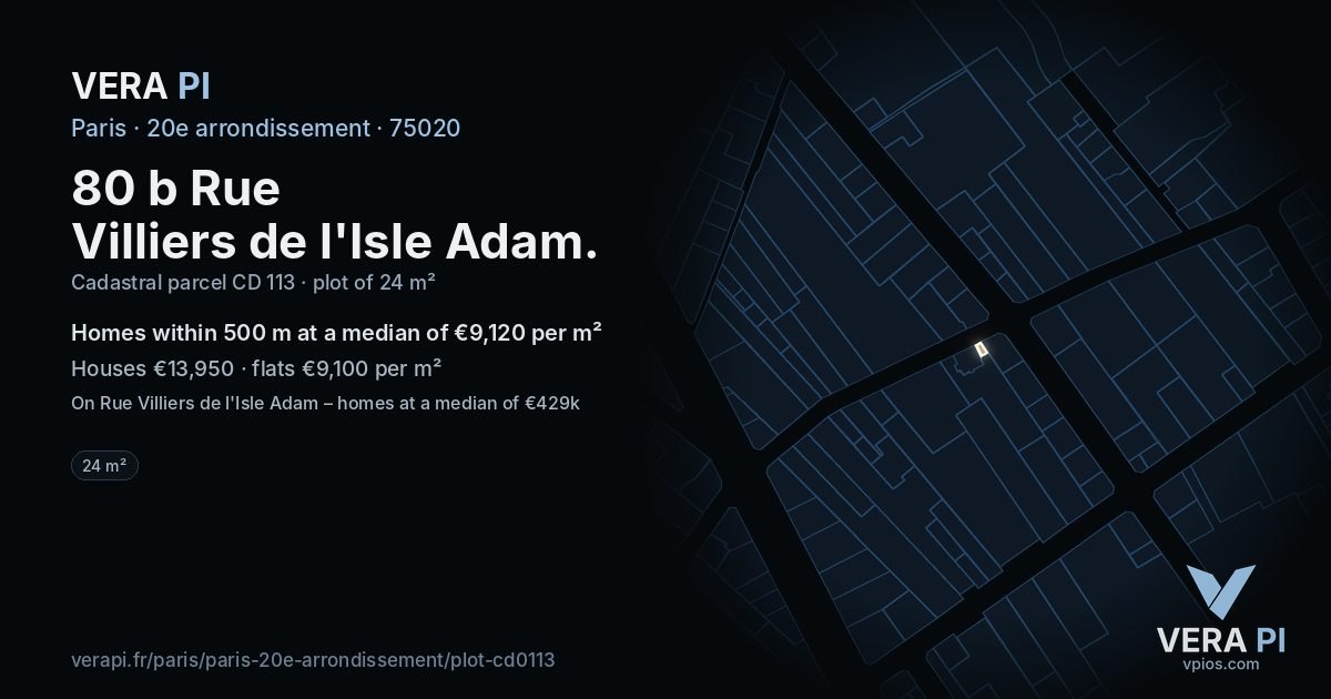 80 b Rue Villiers de l'Isle Adam, 20e arrondissement at night – the plot lit, the parcels around coloured by the prices near them