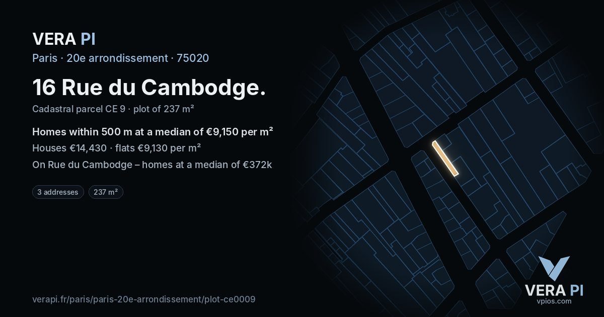 16 Rue du Cambodge, 20e arrondissement at night – the plot lit, the parcels around coloured by the prices near them