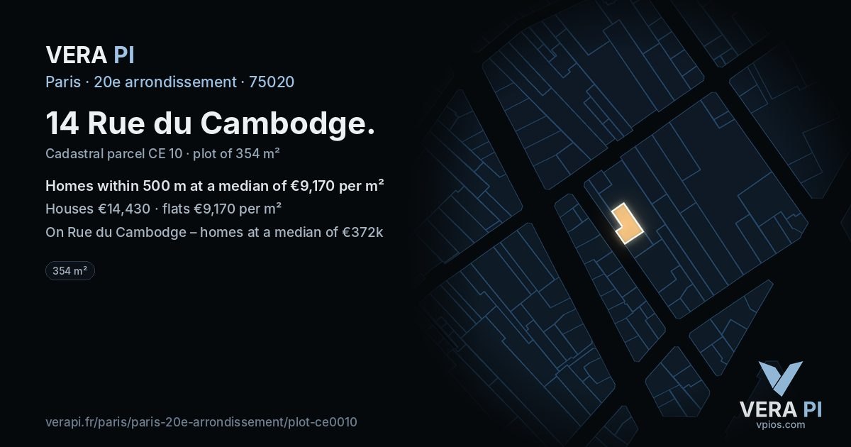 14 Rue du Cambodge, 20e arrondissement at night – the plot lit, the parcels around coloured by the prices near them