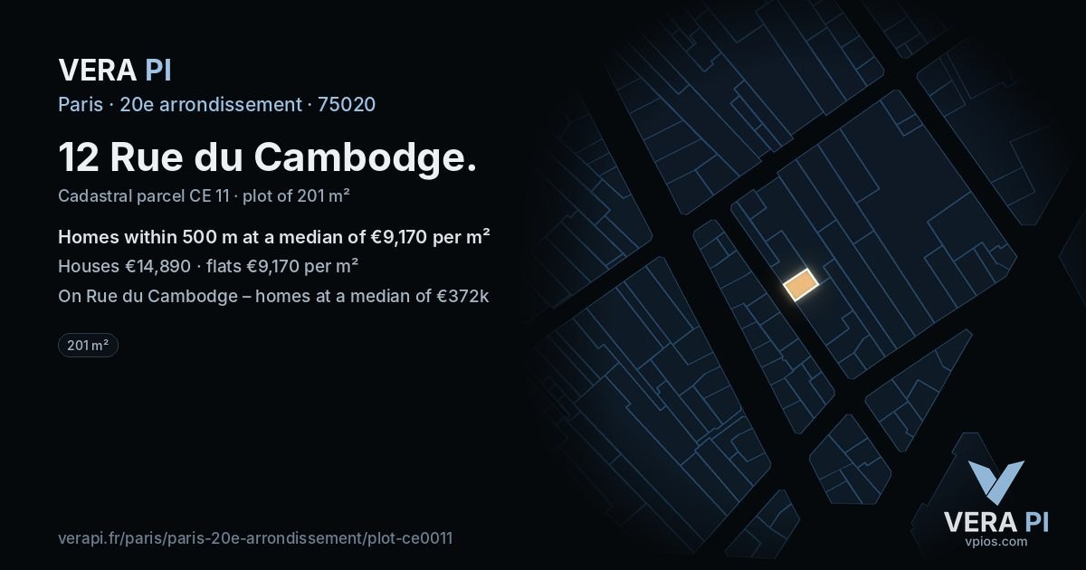 12 Rue du Cambodge, 20e arrondissement at night – the plot lit, the parcels around coloured by the prices near them