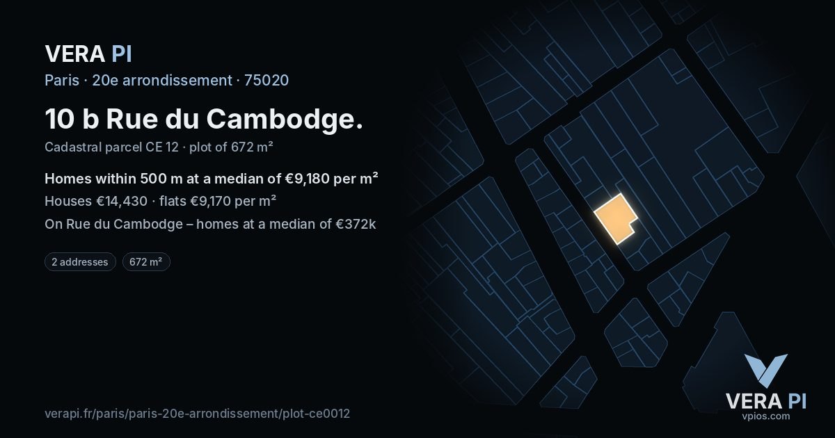 10 b Rue du Cambodge, 20e arrondissement at night – the plot lit, the parcels around coloured by the prices near them