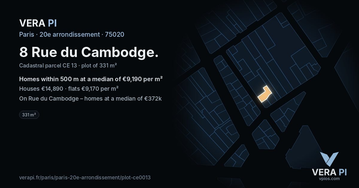 8 Rue du Cambodge, 20e arrondissement at night – the plot lit, the parcels around coloured by the prices near them