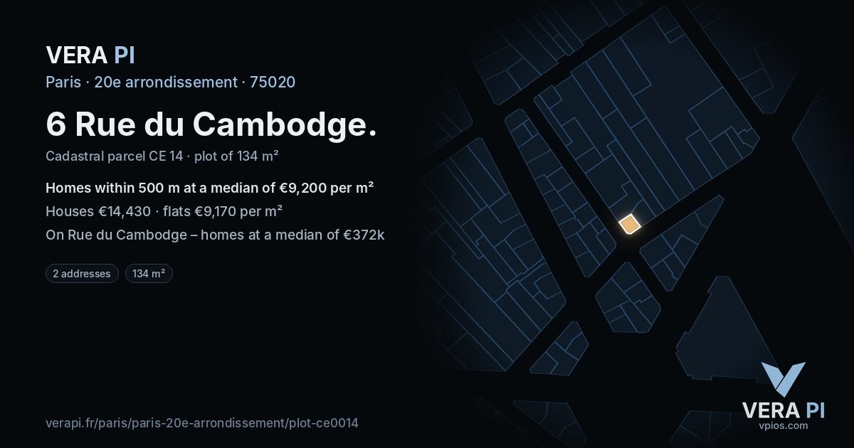 6 Rue du Cambodge, 20e arrondissement at night – the plot lit, the parcels around coloured by the prices near them